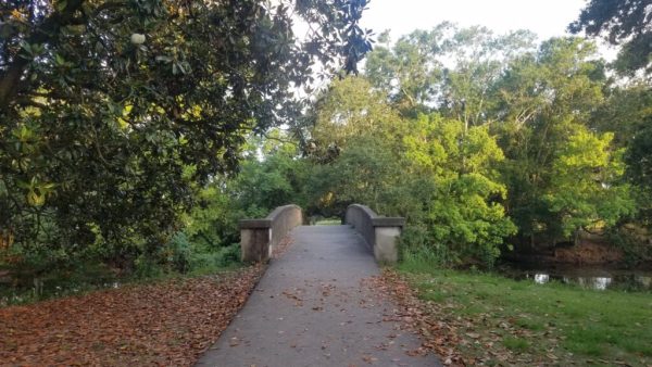 historic pathway and small bridge in New Orleans park area connected to 1884 World Cotton Centennial Fair grounds
