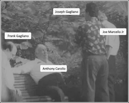 New Orleans crime family (from left to right) underboss Frank Gagliano, boss Anthony Carollo, soldier Joe Gagliano (Frank's son), and consigliere Joseph Marcello, Jr. photographed by FBI surveillance outside of Frank’s Deli in the early 90s.