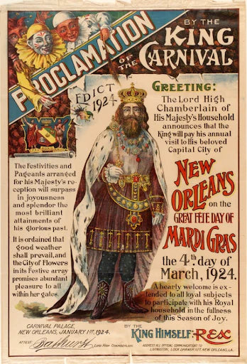 Rex proclamation poster for 1924 New Orleans Mardi Gras announcing King of Carnival and parade celebration