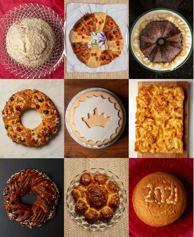Various versions of cakes enjoyed on Twelfth Night from around the world. Each cake's name translates to "cake of kings" or "kings cake" and has a charm hidden inside for one lucky partygoer to find. Photos from The Big Book of King Cake.
