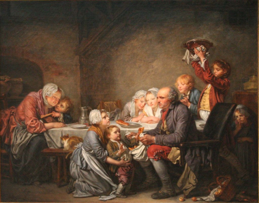 This painting is titled, "Le gâteau des Rois," which translates to "The cake of Kings." It was created by Jean-Baptiste Greuze in 1774 and depicts a family hundreds of years ago enjoying the same king cake tradition we enjoy today. Photo on Wikipedia.