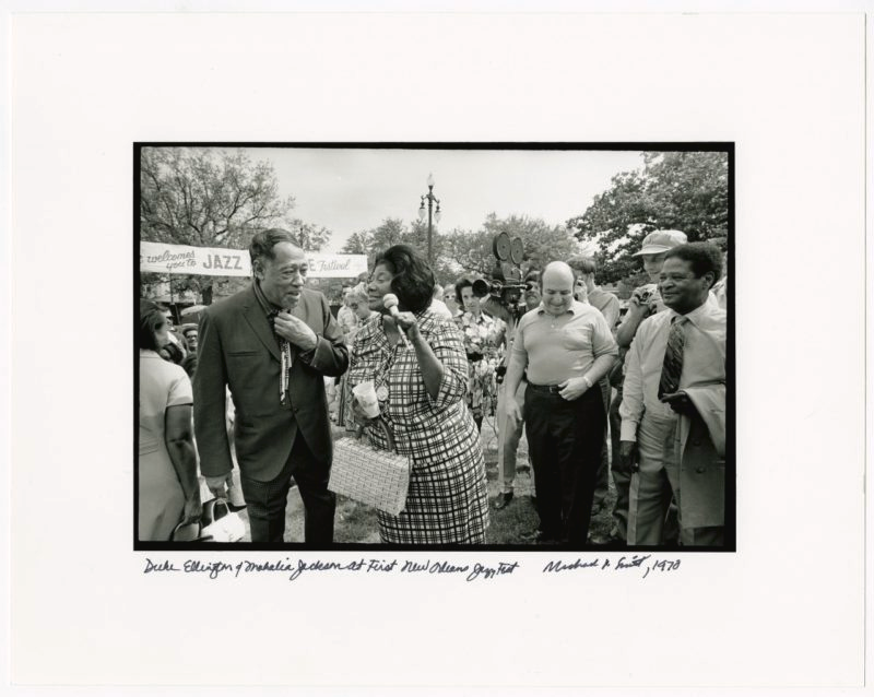 Photo Credit: The Historic New Orleans Collection. Duke Ellington and Mahalia Jackson interact at the 1st Jazz Fest in 1970.