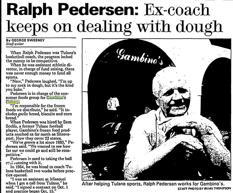 Tulane Coach Pedersen was featured in a 1989 Times-Picayune article after he was hired by Gambino’s Bakery.