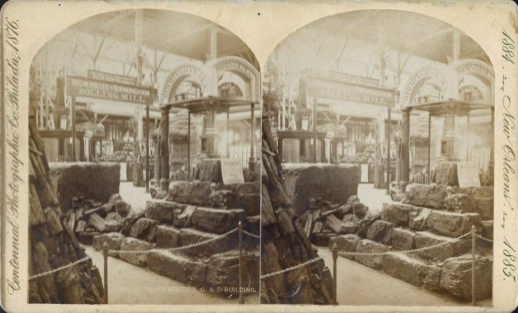 A stereoscopic image from the 1884 Cotton Centennial’s Alabama exhibit. The Alabama exhibit featured mineral displays, including the famous rock that can still be found in Audubon Park today. See below for more information. Photo courtesy of the Kenneth R. Speth Collection.