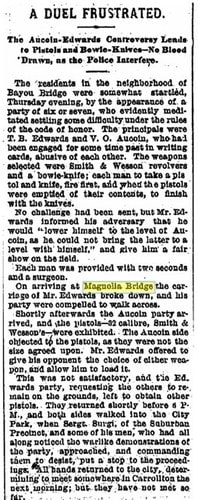  An article from The Daily Picayune on February 17, 1878 tells of an avoided duel at the former Magnolia Bridge.