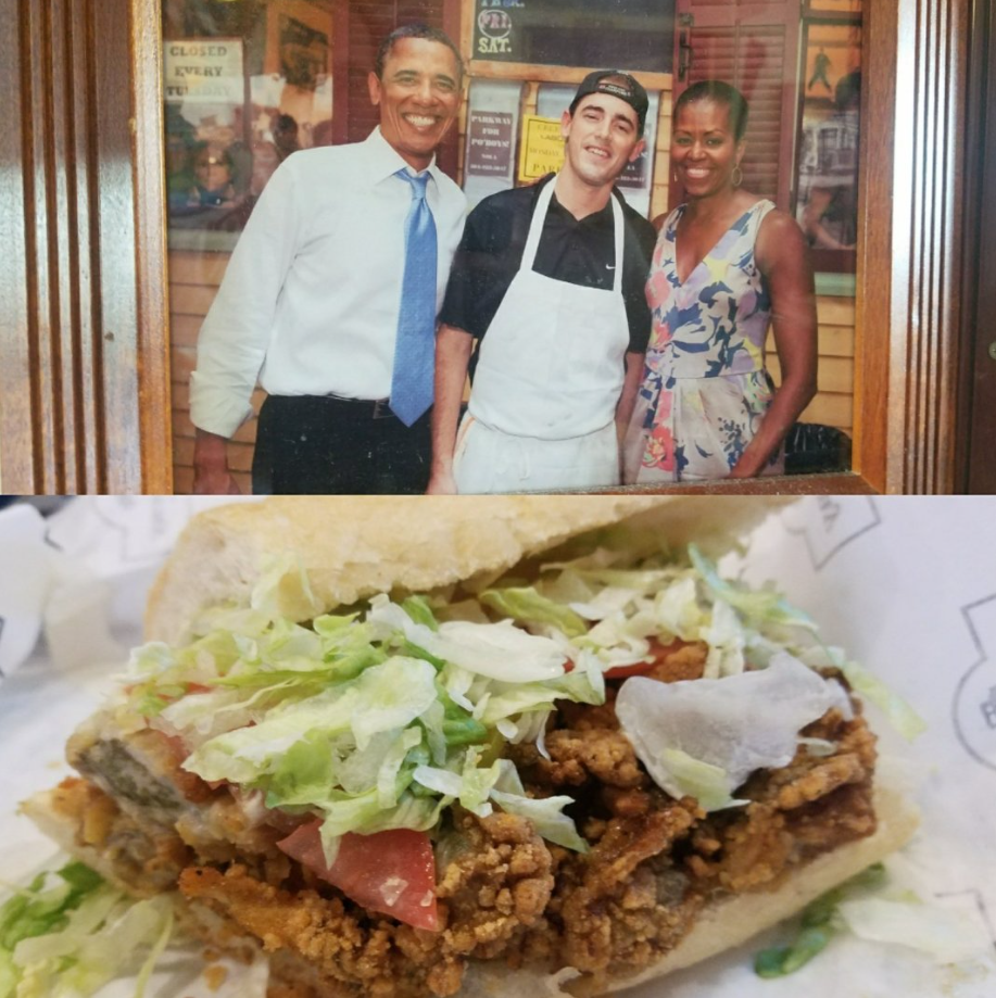 President Obama and the First Lady at Parkway Bakery and Tavern in August 2010.  The bottom picture is of a Parkway Bakery and Tavern oyster poboy.