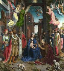 The Adoration of the Kings (1510–1515) by Jan Gossaert is a large painting that illustrates the Biblical story of the three kings (also known as the wise men or magi) who came to worship the newly born Jesus and to give him their gifts.