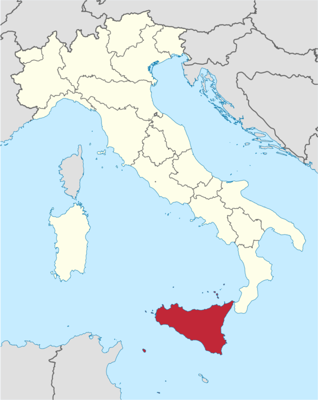 Map of Italy, with Sicily shown in red.