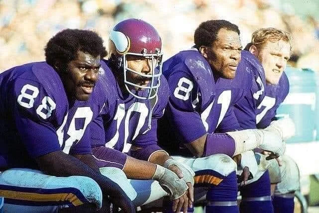 The defensive line of the Minnesota Vikings was known as The Purple People Eaters. They dominated Super Bowl IX in 1975.