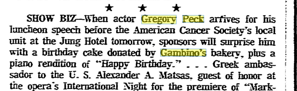 An excerpt from the April 4, 1966 edition of the New Orleans States-Item announcing Gregory Peck would be in New Orleans.