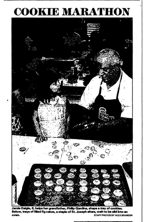 Jamie Daigle, 6, and her grandfather make cookies at Gambino’s Bakery. Gambino’s donated the space so that community members could prepare their St. Joseph’s Day altars. This is from a March 9, 1997 Times-Picayune article.