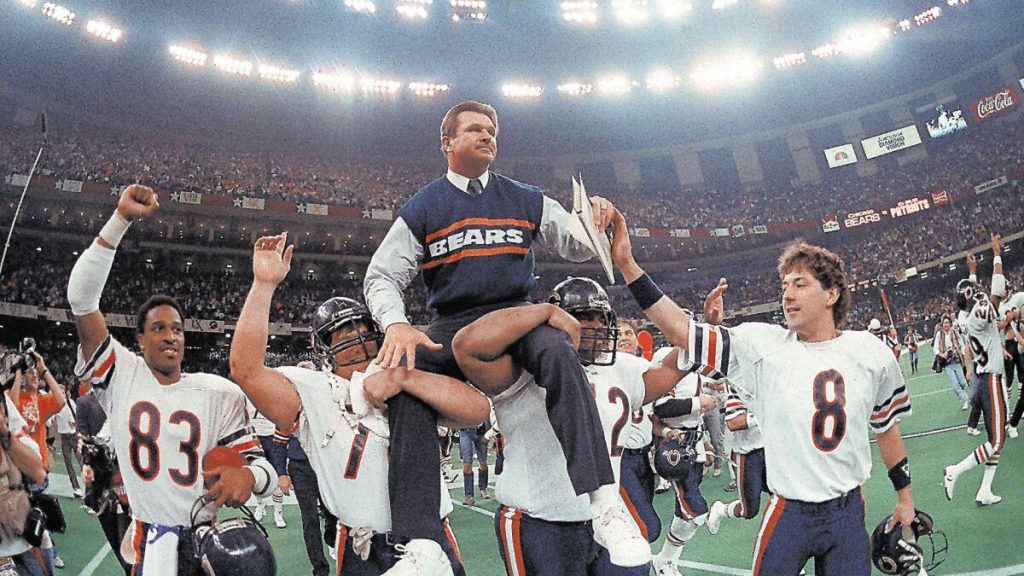 A victorious Mike Ditka hoisted on the shoulders of his players in 1986 after winning Super Bowl XX.