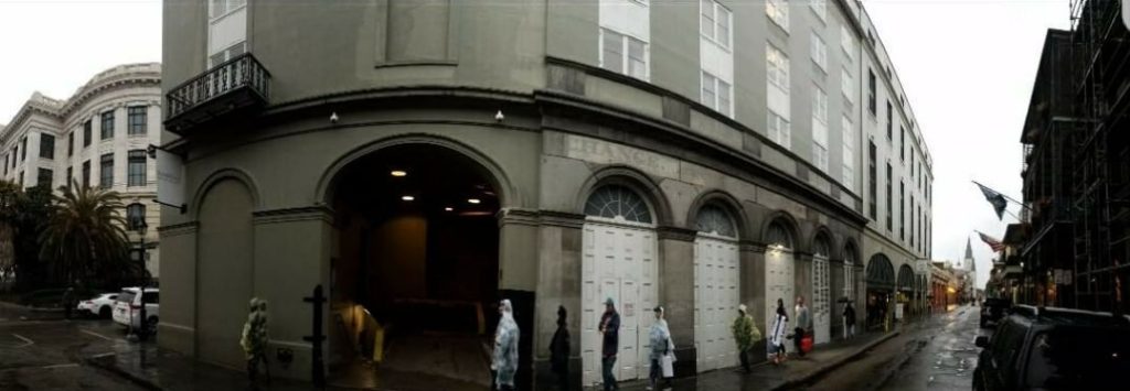 On the Royal Street side of the Omni Royal Orleans — the former Exchange Hotel. A portion of the word, “Exchange” is still visible over the closest white door in this photograph.