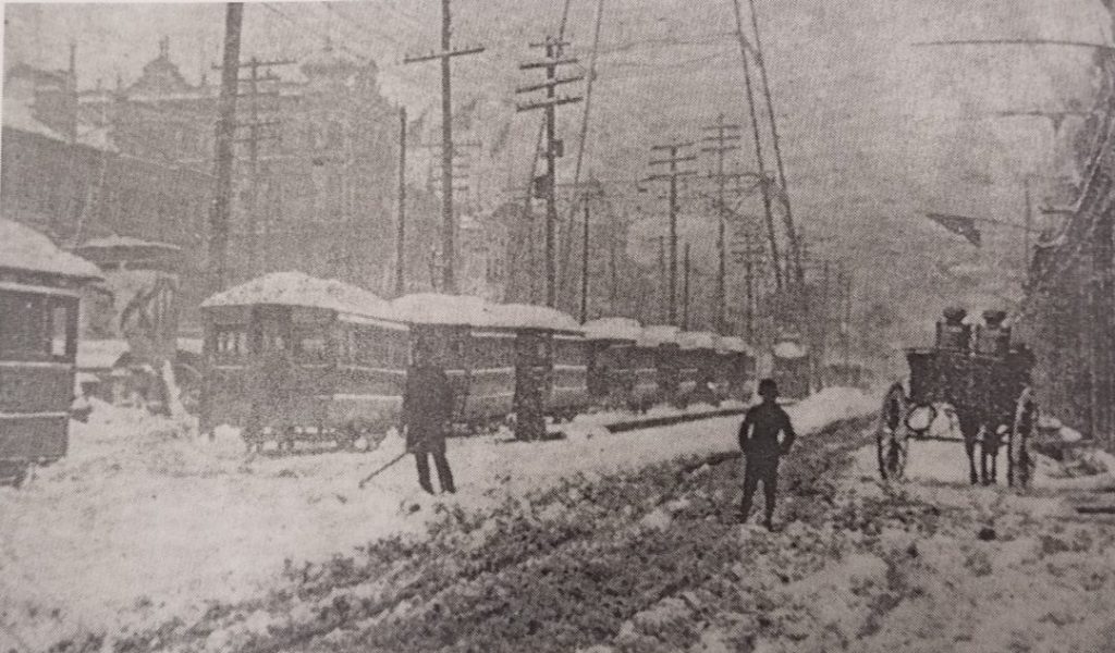 Canal Street, looking from Royal Street in the direction of the lake. Snow storm of 1895 stopped electric cars, because the city didn’t have the proper equipment to remove ice from the electrical wires. Mulecars were used as a replacement. Photographs taken from The Streetcars of New Orleans by Louis C. Hennick, © Louis C. Hennick, used by permission of the publisher, Pelican Publishing.