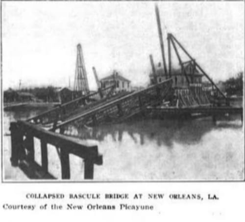 Collapsed bridge at Esplanade Avenue. Courtesy of the New Orleans Picayune.]