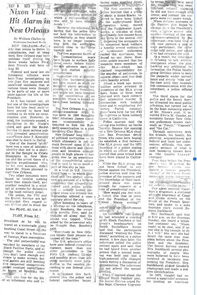 Article about Richard Nixon’s visit in The Times-Picayune, written September 3, 1973.