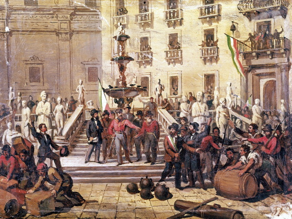 Giuseppe Garibaldi marches through conquered Palermo.