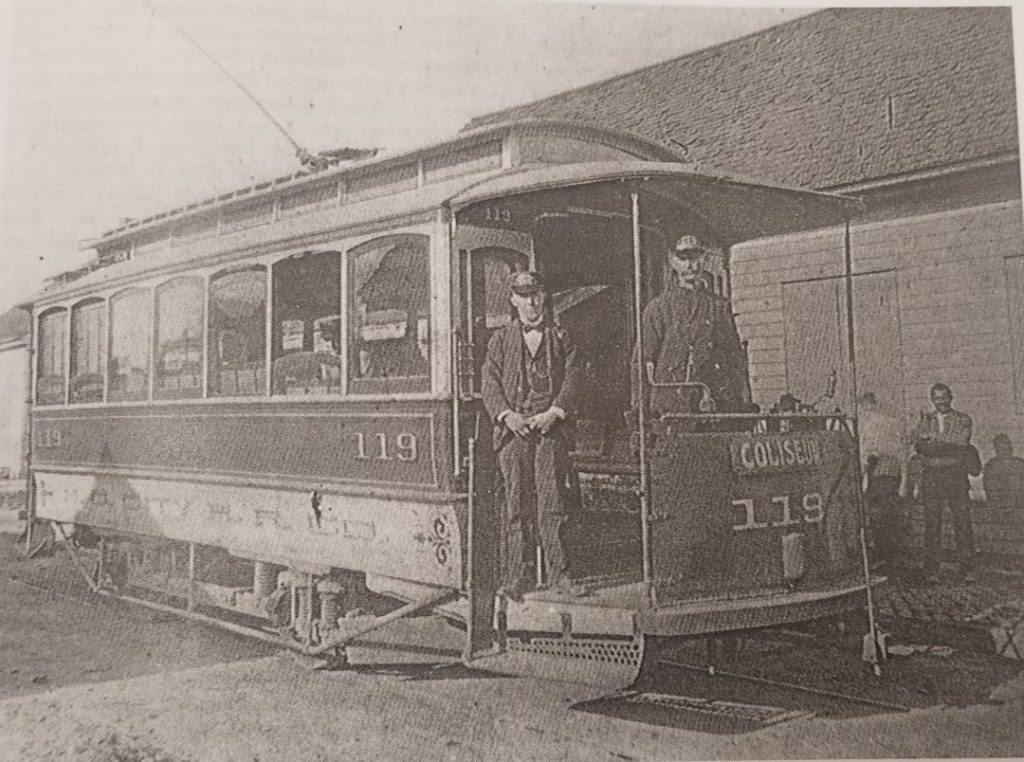 Circa 1900 shot of an 1894 Brill car on modified St. Louis type 8 truck. Motorman and conductor, pictured. Photographs taken from The Streetcars of New Orleans by Louis C. Hennick, © Louis C. Hennick, used by permission of the publisher, Pelican Publishing.
