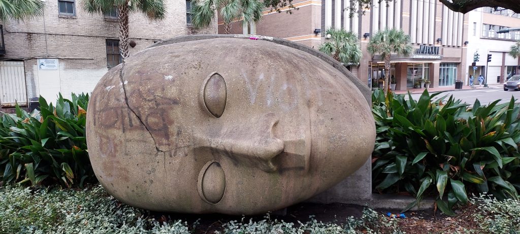“Crying Head” is one piece of art from the 1984 World’s Fair that can still be found in the city today. The piece has been cleaned up since this photo was taken.