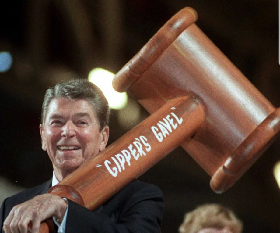 President Ronald Reagan proudly shows off his “Gipper’s Gavel,” given to him at the 1988 Republican National Convention, held August 15 through 18 in New Orleans. Courtesy of the Times-Picayune.
